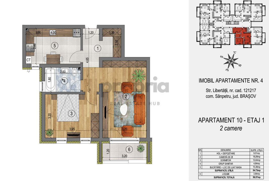 APARTAMENT 2 CAMERE NR.10 BL.4   54.73 MP UTILI - RATE DEZVOLTATOR - 5% AVANS
